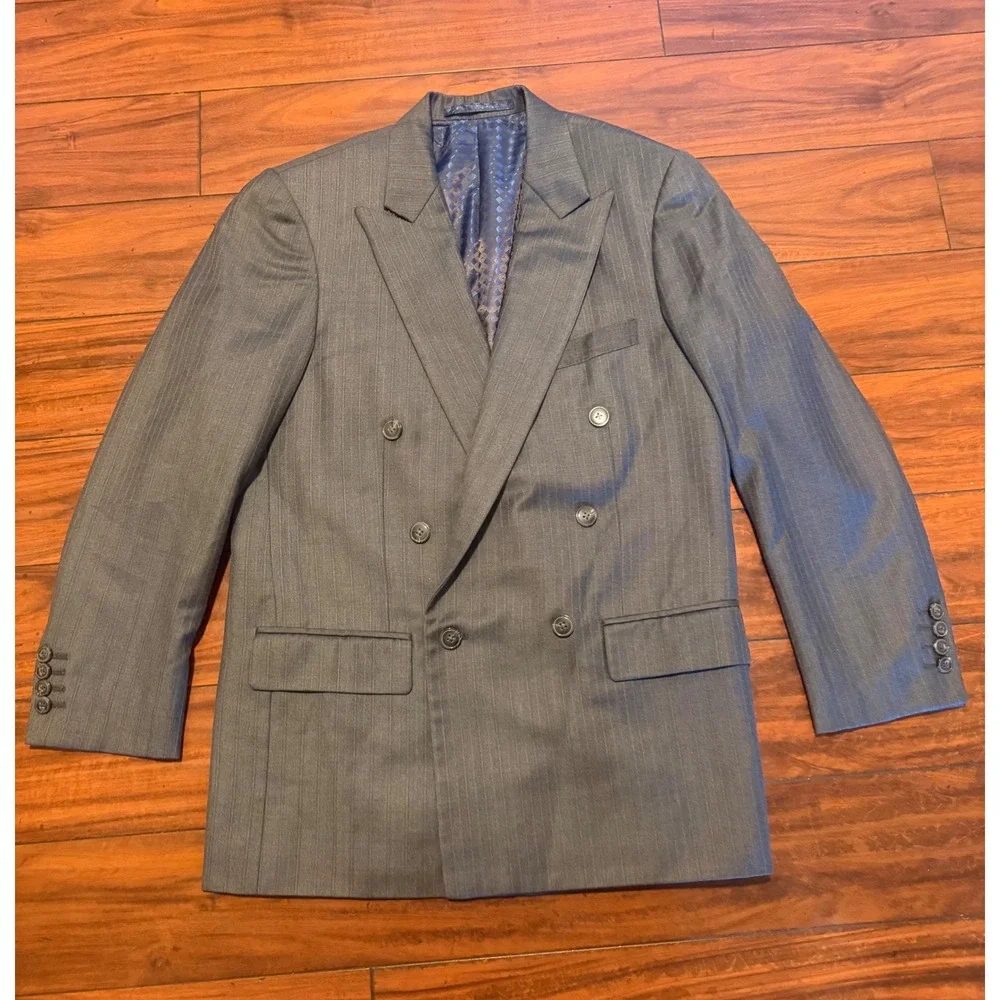 Peter Raney Ermenegildo Zegna Wool Double Breasted Blazer Grey Pinstripe